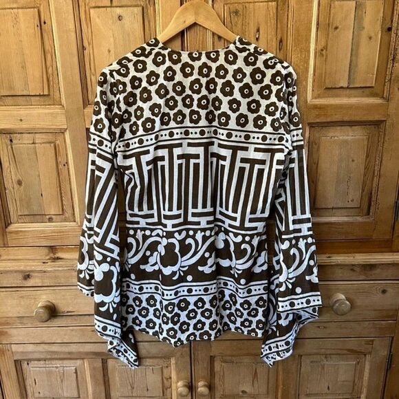 Virginia Witbeck Medium‎ Brown White Blouse V-Neck Floral Geometric - Picture 7 of 10